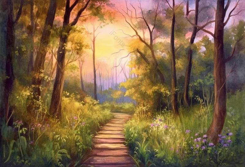 夕阳下的森林中穿插着木头小路草地梦幻童话背景,插画/手绘图,插画/手绘图库,插画/手绘图下载,插画/手绘